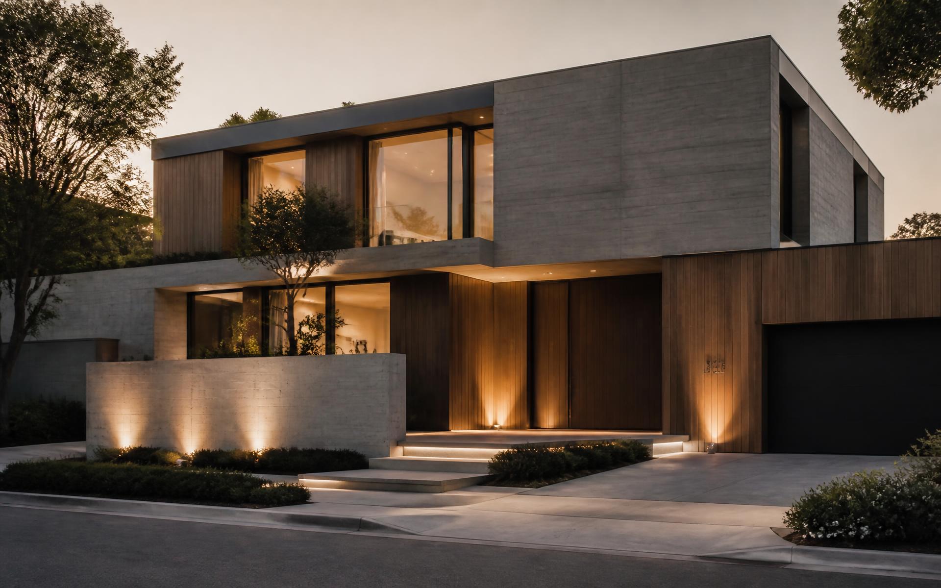 Contemporary residential architecture at dusk with warm interior lighting