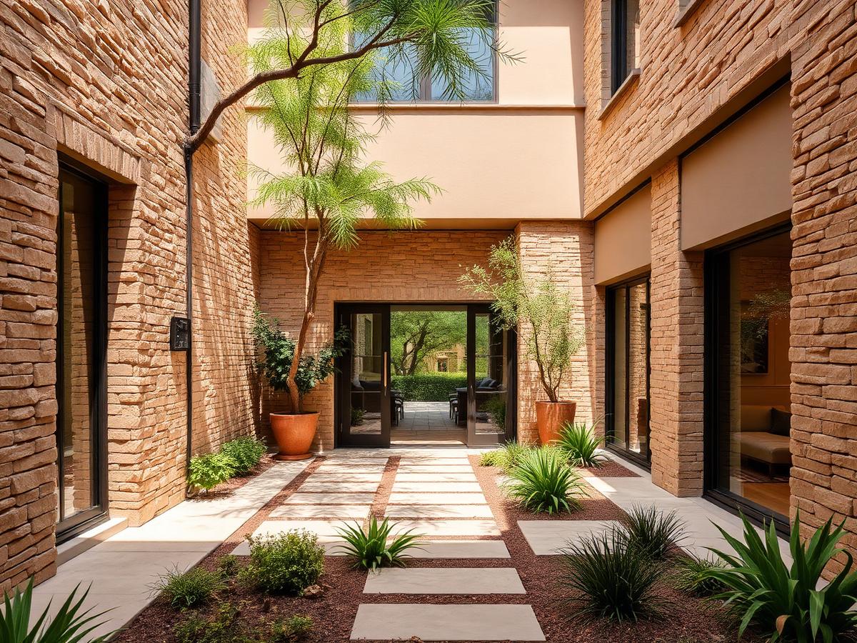 Contemporary courtyard residence exterior with warm stone walls