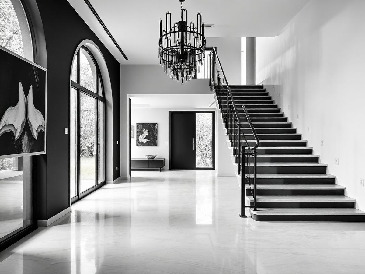 Monochrome villa interior hallway with sculptural staircase