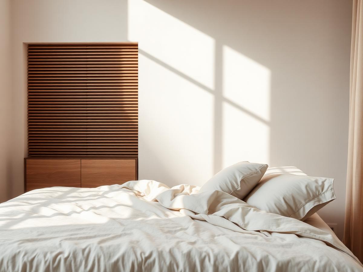 Minimal bedroom interior with wood slat feature wall