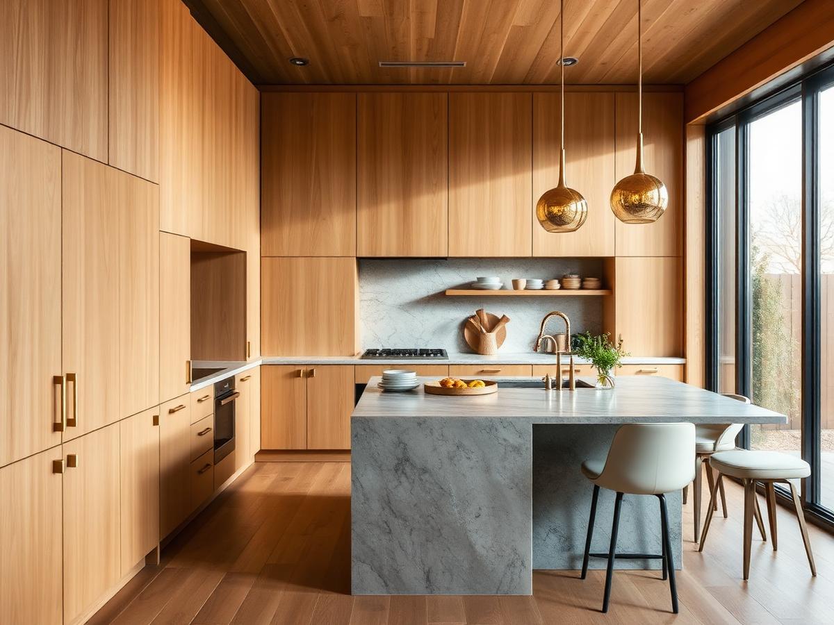 Modern kitchen layout with stone island and oak cabinetry