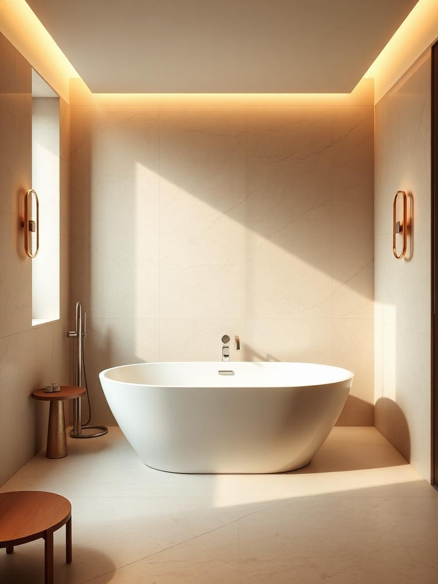 Minimal luxury bathroom interior with travertine walls