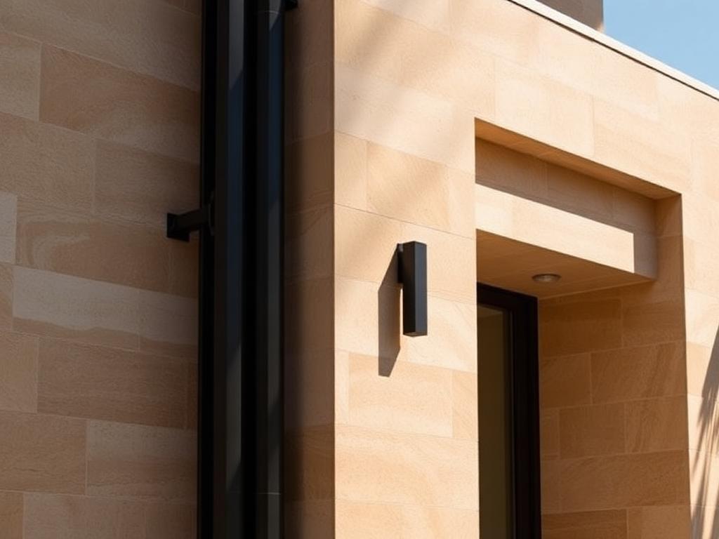 Contemporary residential architectural facade detail in warm stone