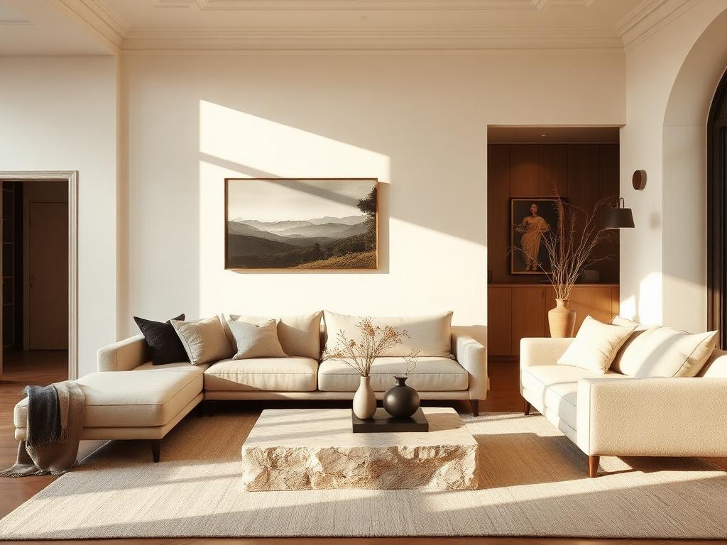 Contemporary living room interior in warm neutral materials